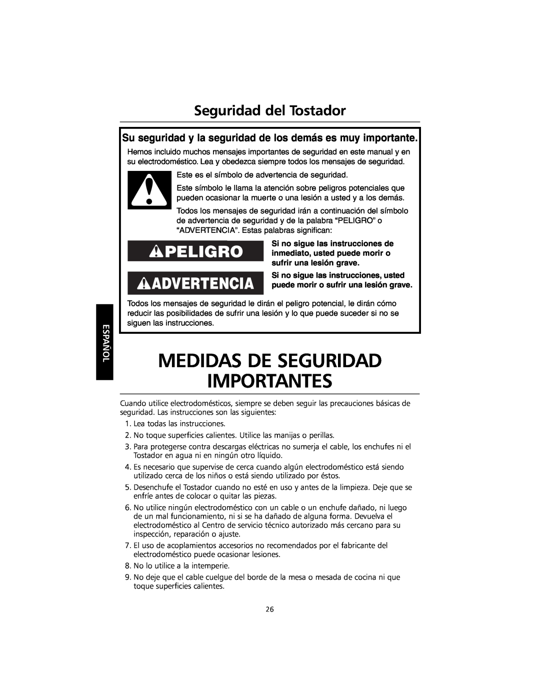 KitchenAid KMTT200 Advertencia, Medidas De Seguridad Importantes, Seguridad del Tostador, Español, sufrir una lesión grave 