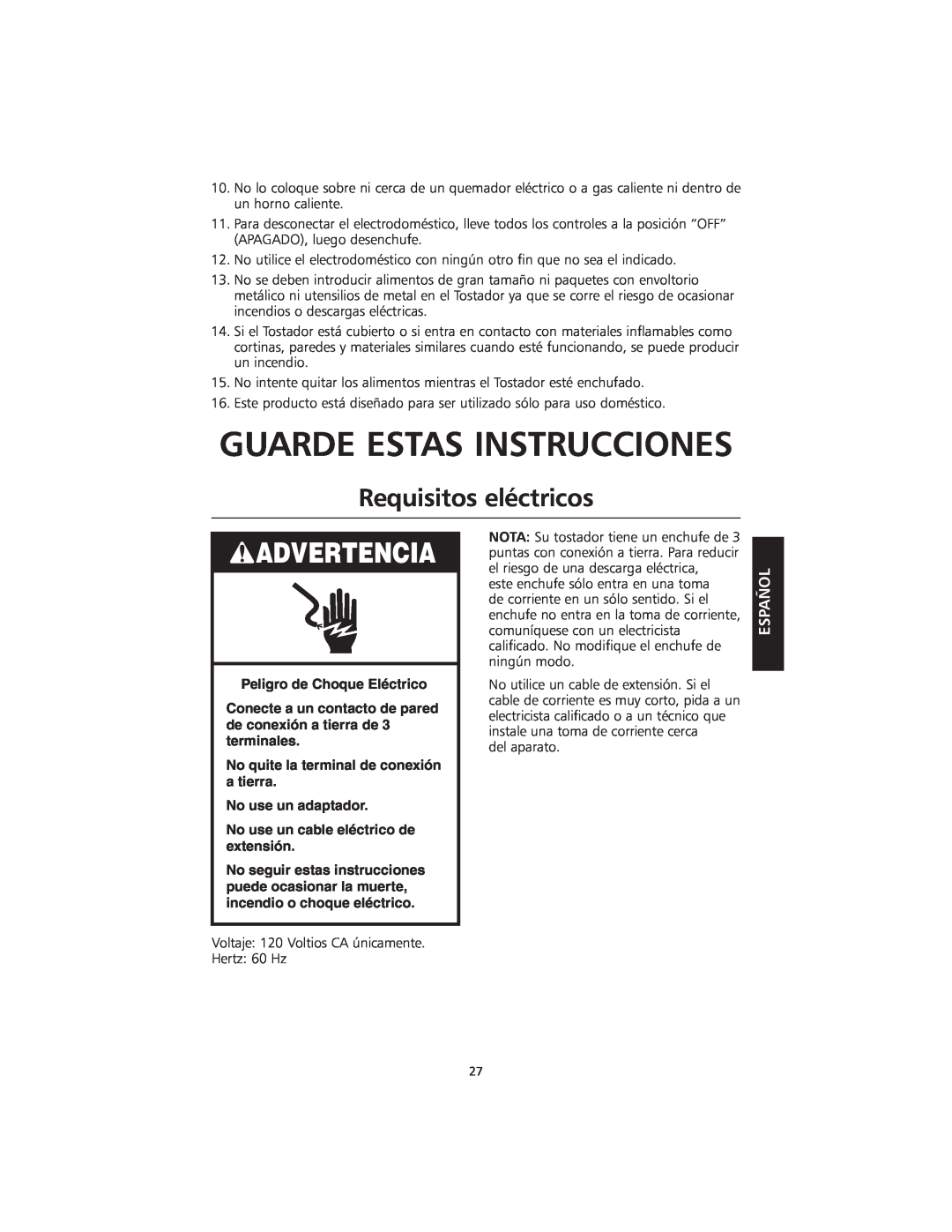 KitchenAid KMTT200 Guarde Estas Instrucciones, Requisitos eléctricos, Peligro de Choque Eléctrico, Advertencia, Español 