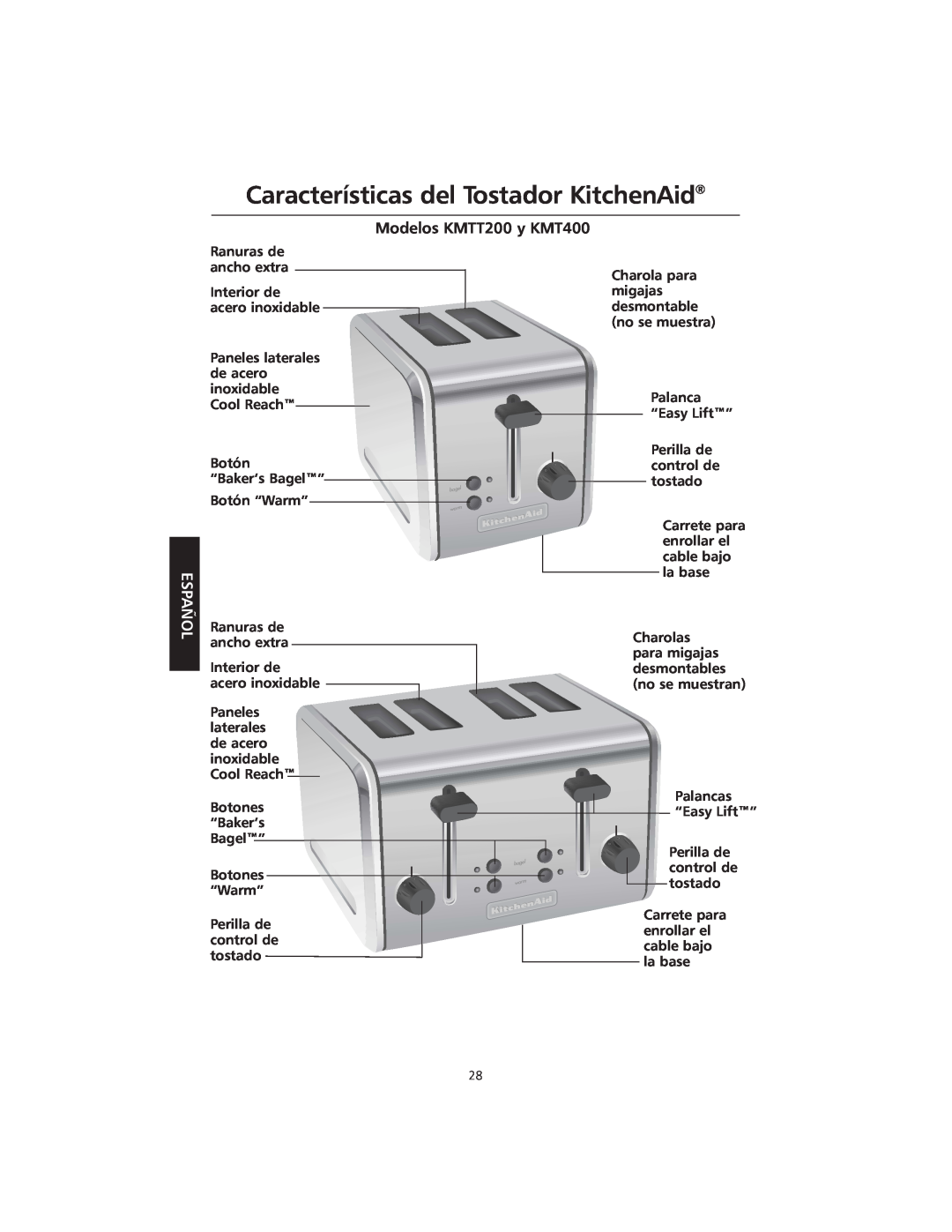 KitchenAid manual Características del Tostador KitchenAid, Modelos KMTT200 y KMT400 