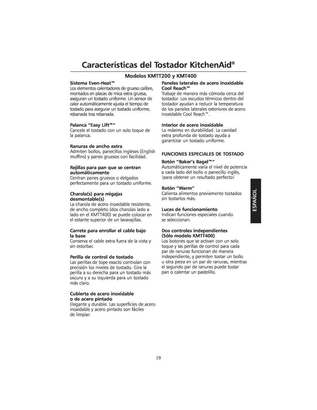 KitchenAid manual Características del Tostador KitchenAid, Modelos KMTT200 y KMT400, Español, de limpiar 