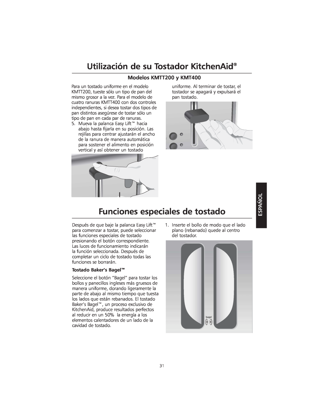 KitchenAid Funciones especiales de tostado, Utilización de su Tostador KitchenAid, Modelos KMTT200 y KMT400, Español 