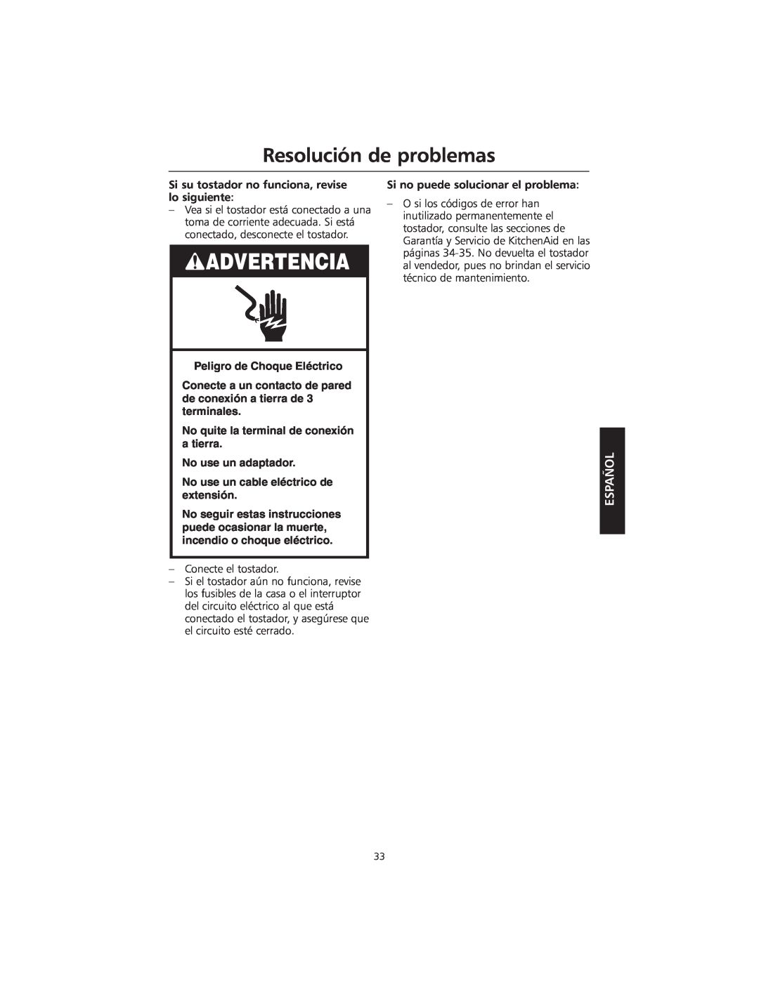 KitchenAid KMTT200 manual Resolución de problemas, Advertencia, Español, Peligro de Choque Eléctrico 