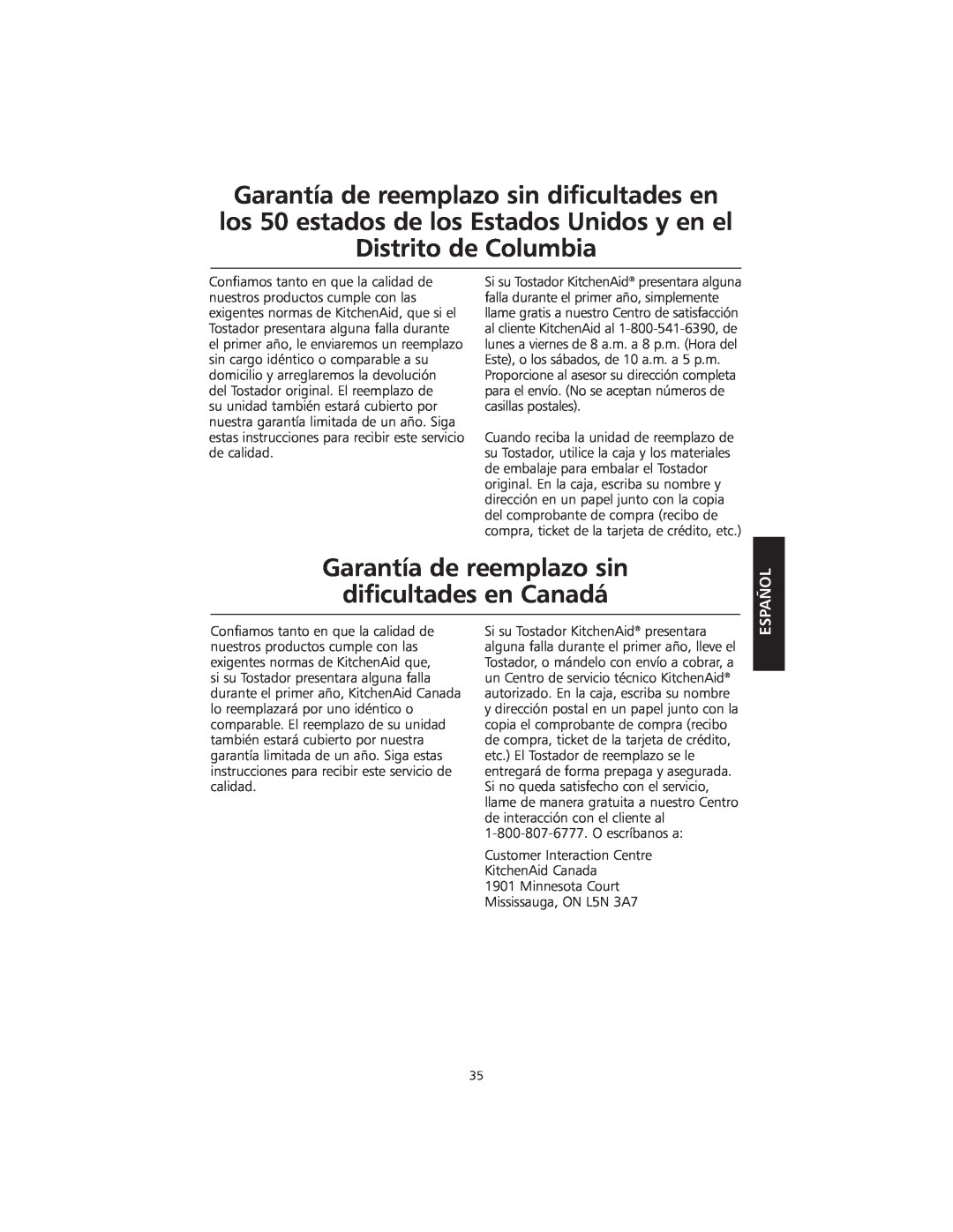 KitchenAid KMTT200 manual Garantía de reemplazo sin dificultades en Canadá, Español, Mississauga, ON L5N 3A7 