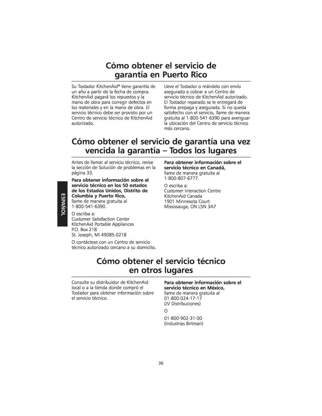 KitchenAid KMTT200 manual Cómo obtener el servicio de garantía en Puerto Rico, Cómo obtener el servicio de garantía una vez 