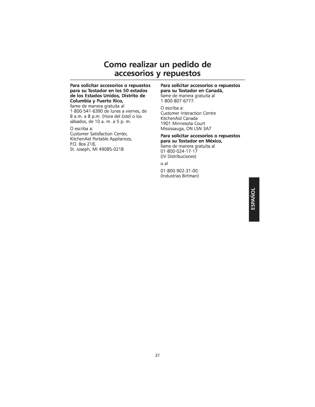 KitchenAid KMTT200 manual Como realizar un pedido de accesorios y repuestos, Español 