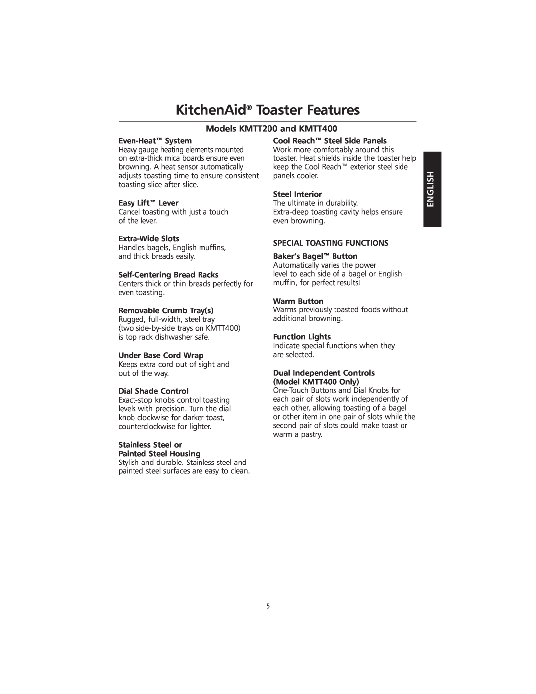 KitchenAid manual KitchenAid Toaster Features, Models KMTT200 and KMTT400, English 