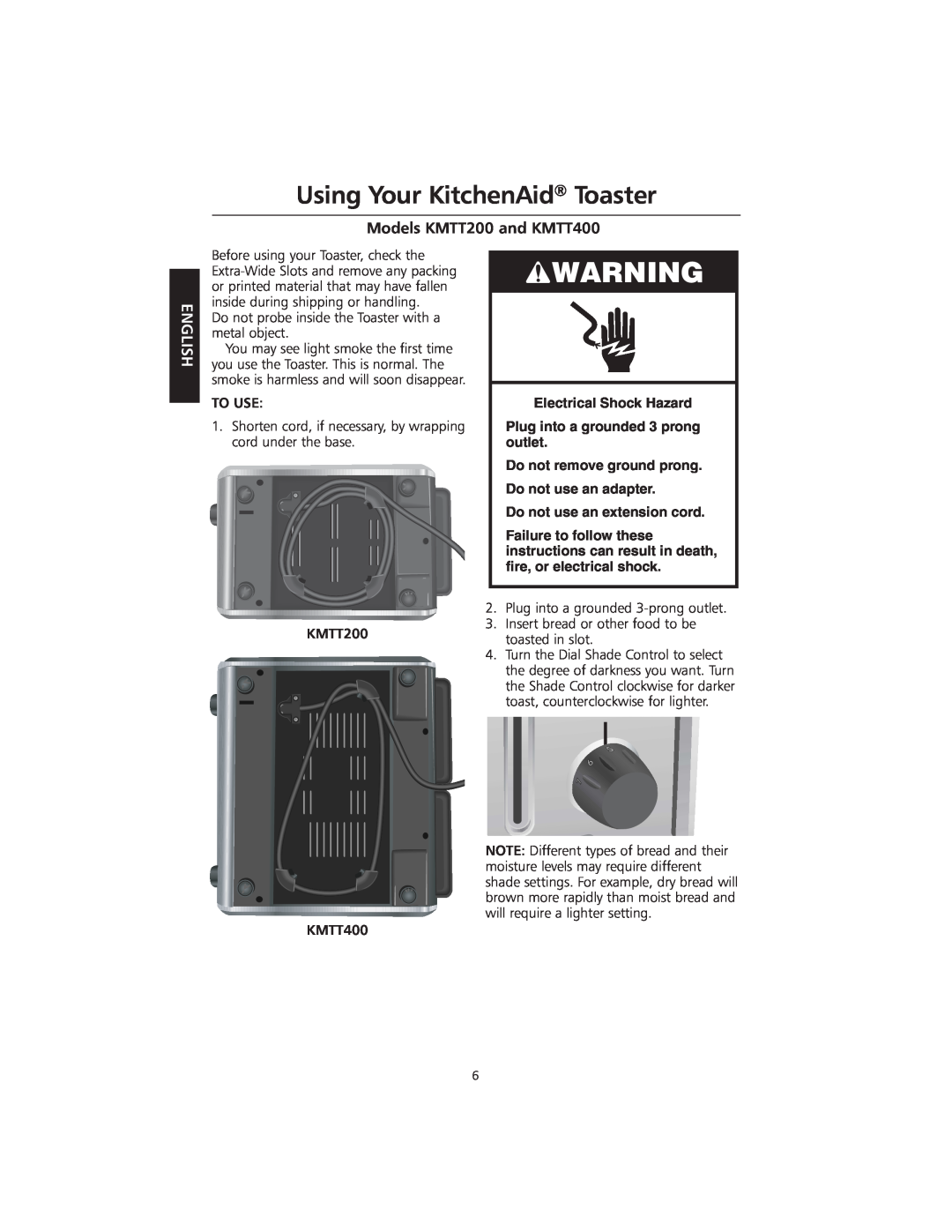 KitchenAid manual Using Your KitchenAid Toaster, Models KMTT200 and KMTT400, English, Do not use an extension cord 
