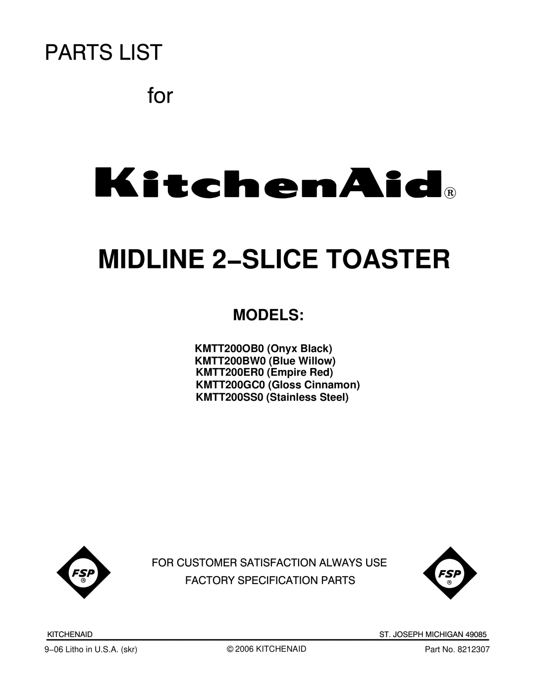 KitchenAid KMTT200ER0, KMTT200SS0, KMTT200OB0, KMTT200BW0 manual Midline 2−SLICE Toaster, Models 