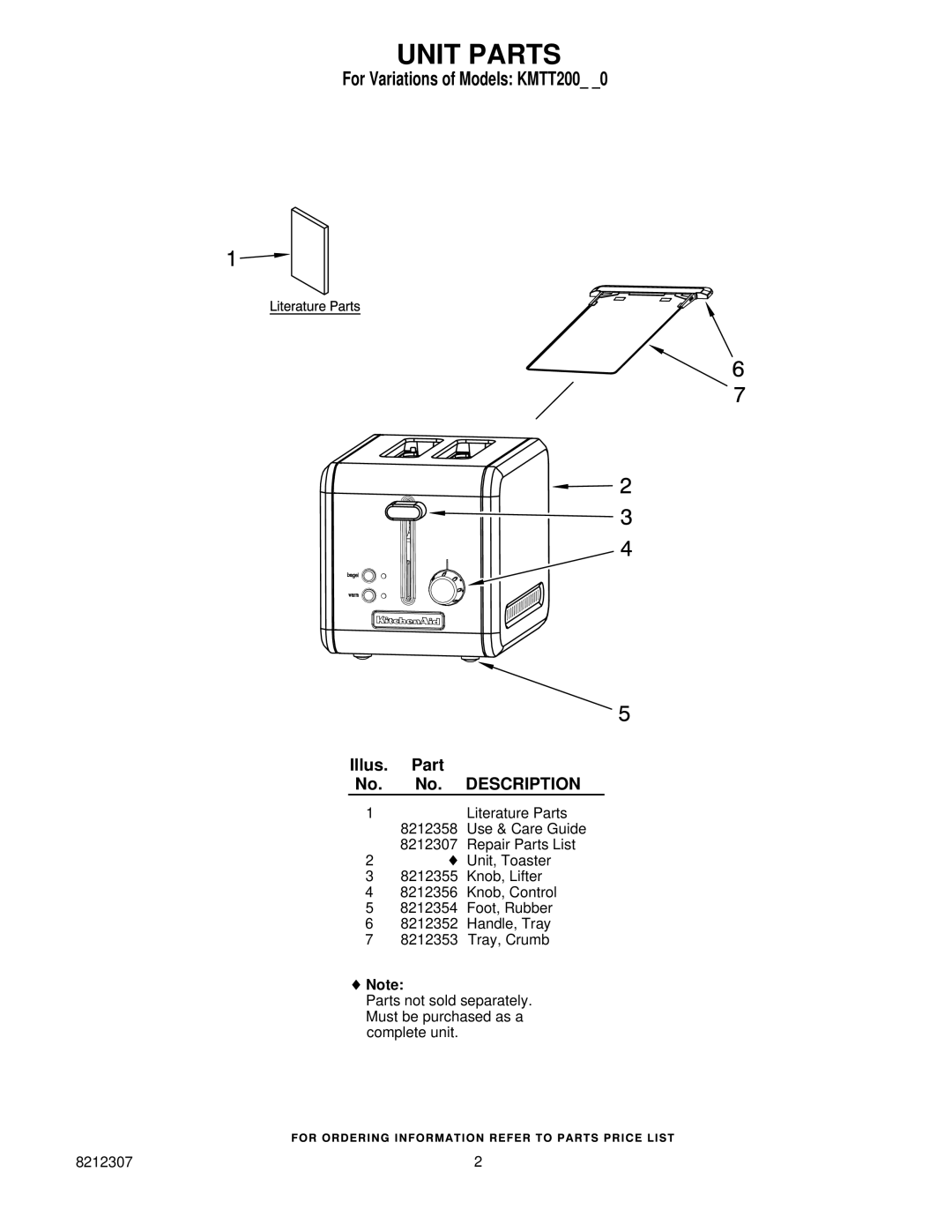 KitchenAid KMTT200OB0, KMTT200SS0, KMTT200ER0 Unit Parts, For Variations of Models KMTT200, Illus. Part No. No. Description 