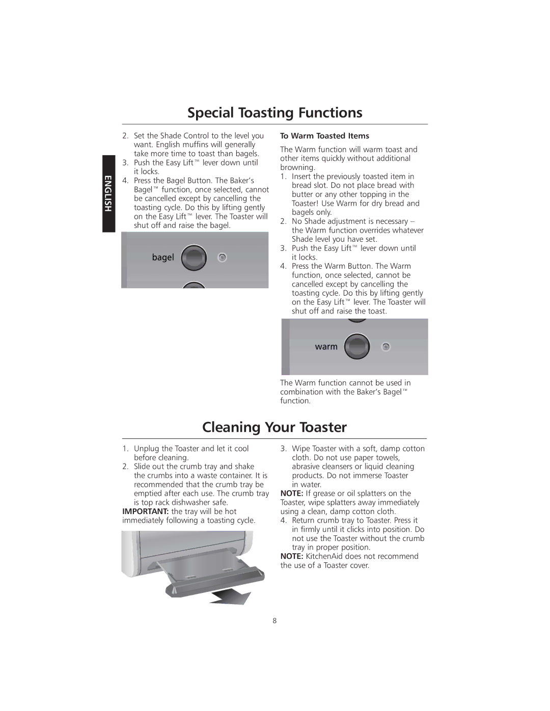 KitchenAid KMTT400 manual Cleaning Your Toaster, Push the Easy Lift lever down until it locks, To Warm Toasted Items 