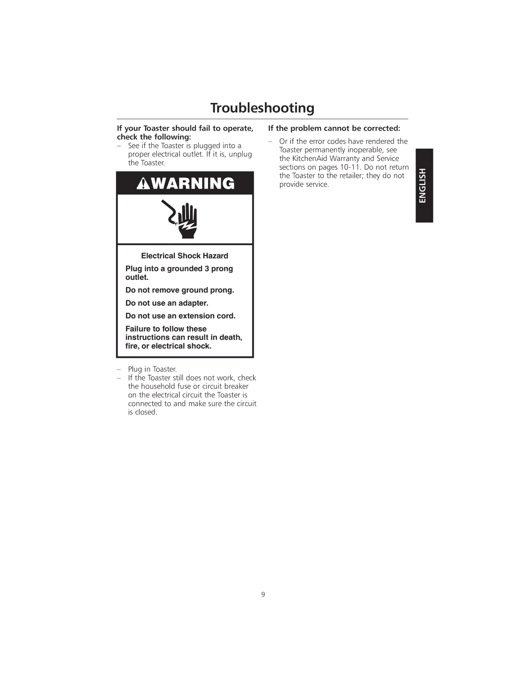 KitchenAid KMTT400 manual Troubleshooting, If your Toaster should fail to operate, check the following 