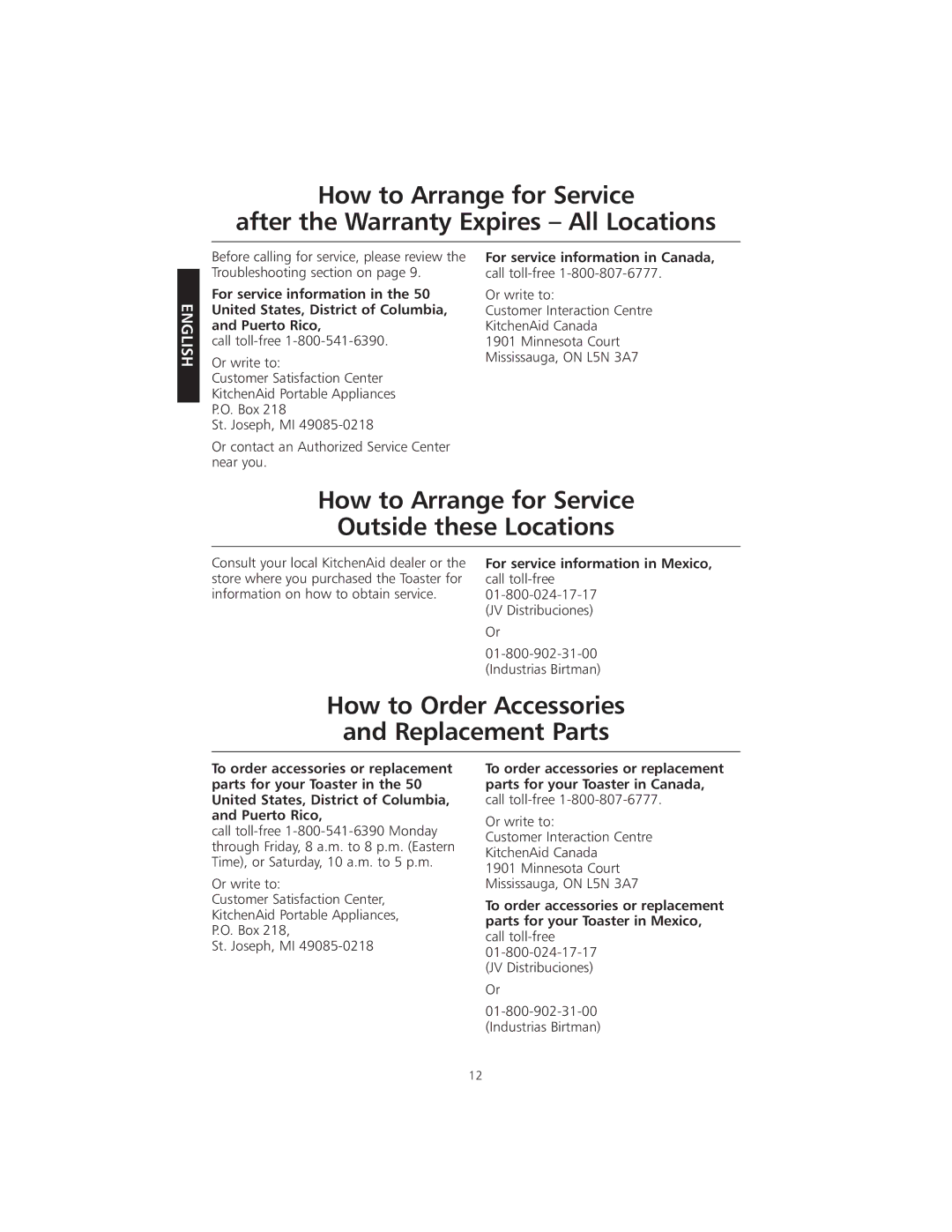 KitchenAid KMTT400 manual How to Arrange for Service Outside these Locations, How to Order Accessories Replacement Parts 