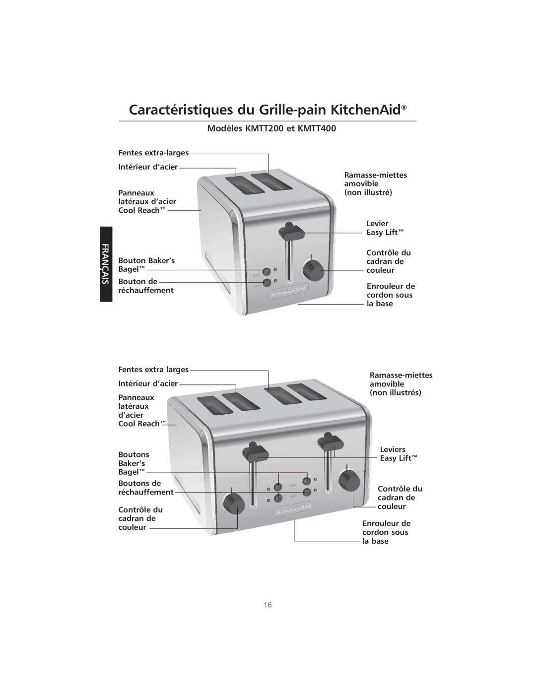 KitchenAid KMTT400 manual Caractéristiques du Grille-pain KitchenAid, Fentes extra-larges Intérieur d’acier 