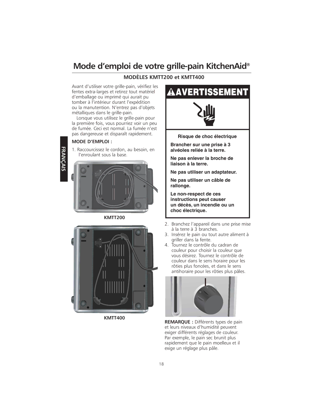 KitchenAid KMTT400 manual Mode d’emploi de votre grille-pain KitchenAid 