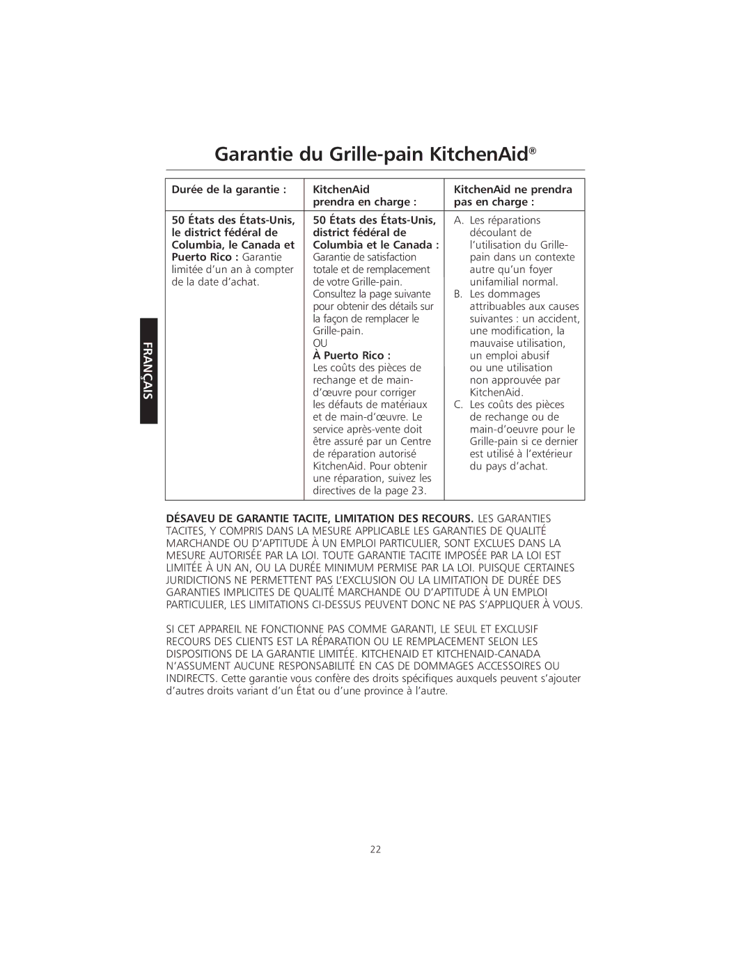 KitchenAid KMTT400 Garantie du Grille-pain KitchenAid, Le district fédéral de District fédéral de, Puerto Rico Garantie 