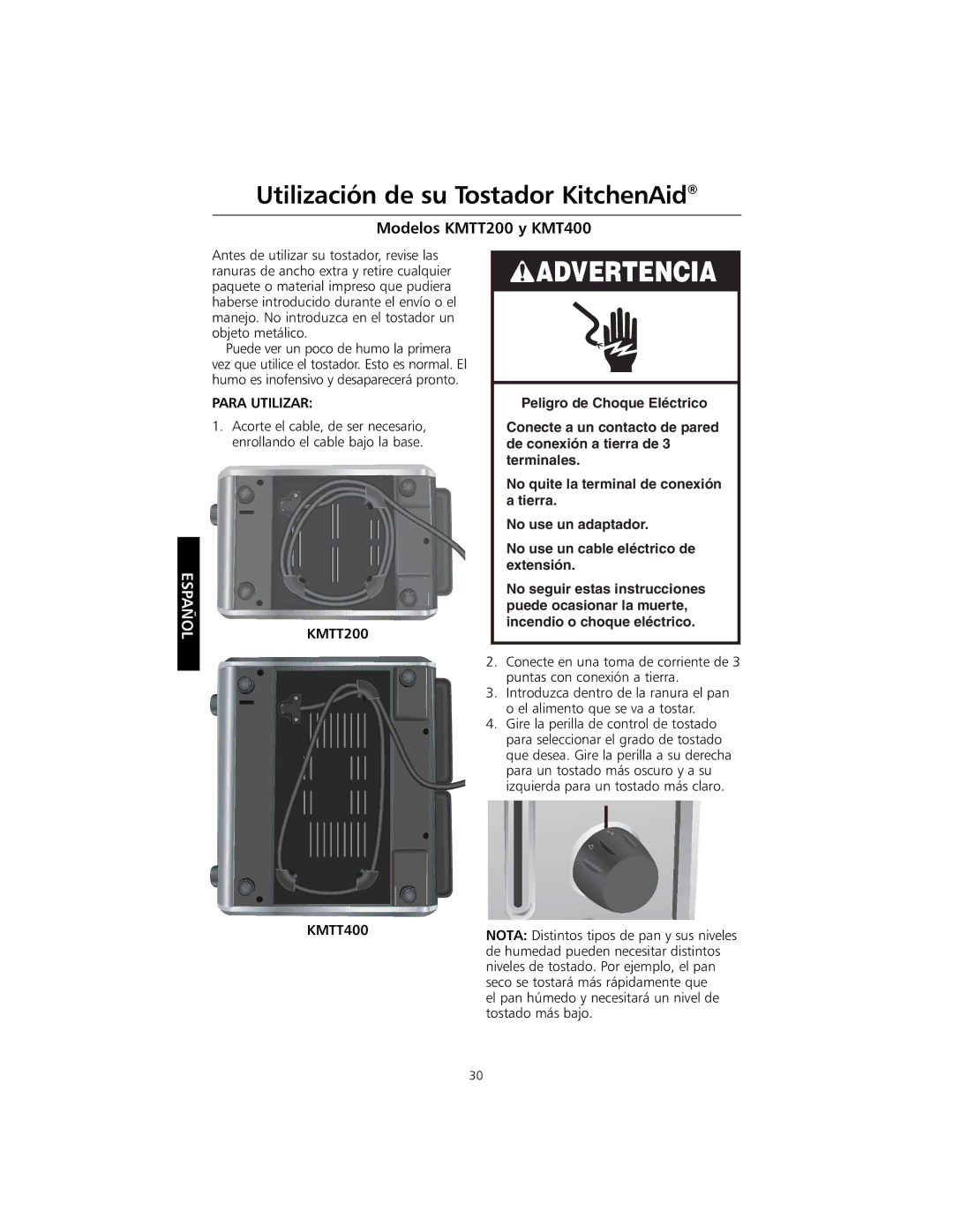 KitchenAid KMTT400 manual Utilización de su Tostador KitchenAid 