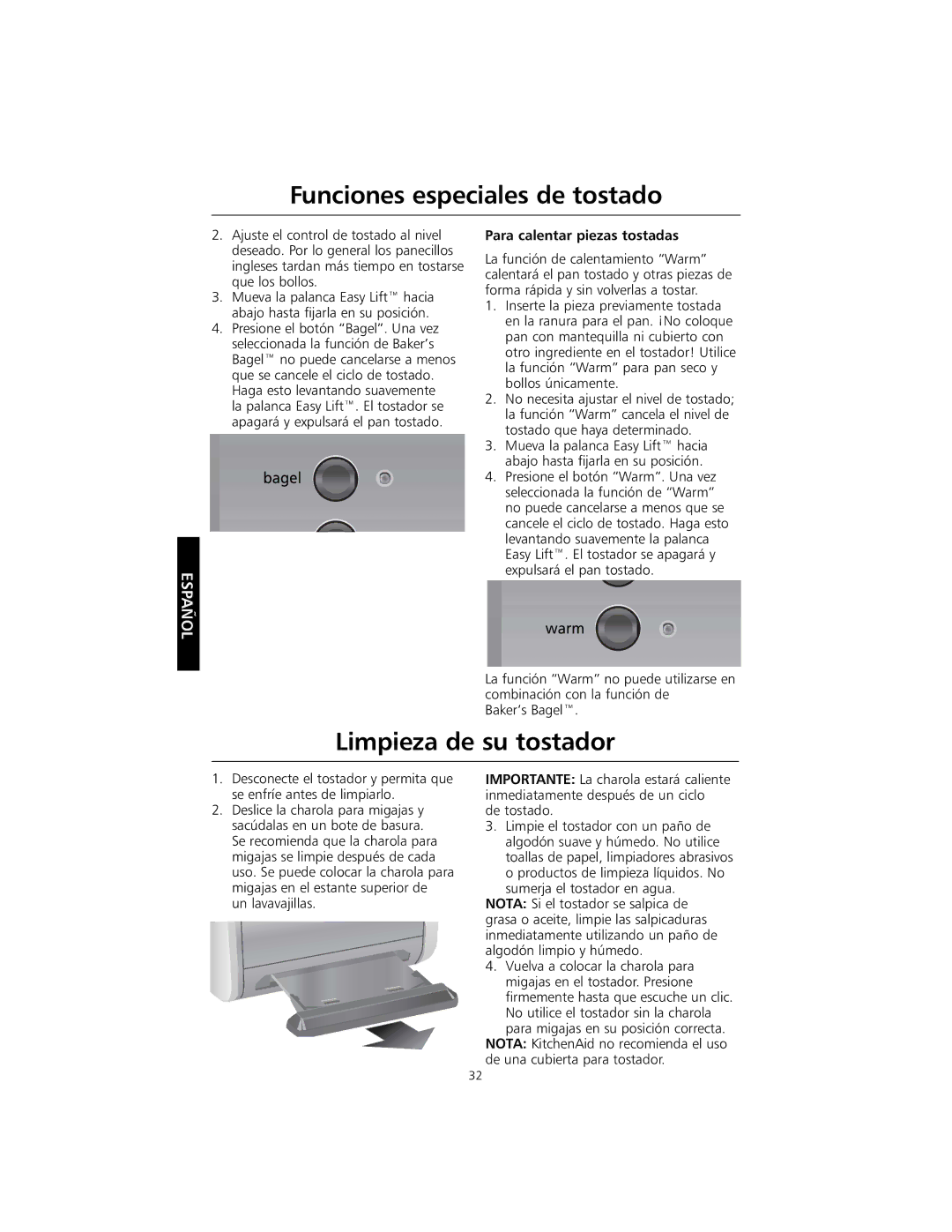 KitchenAid KMTT400 manual Limpieza de su tostador, Para calentar piezas tostadas 