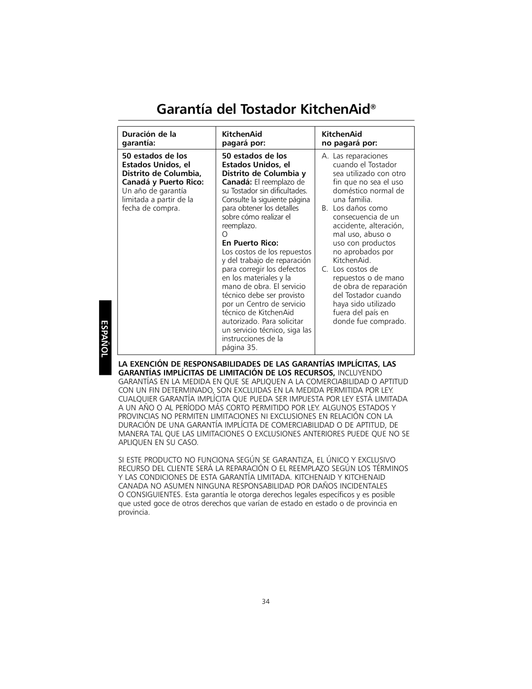 KitchenAid KMTT400 manual Garantía del Tostador KitchenAid, Canadá y Puerto Rico 