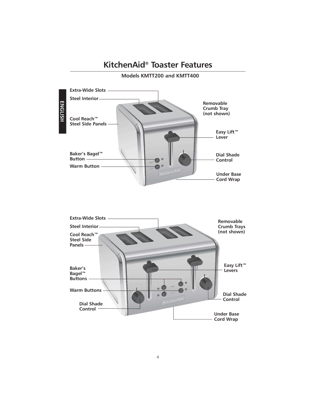 KitchenAid KMTT400 manual KitchenAid Toaster Features 