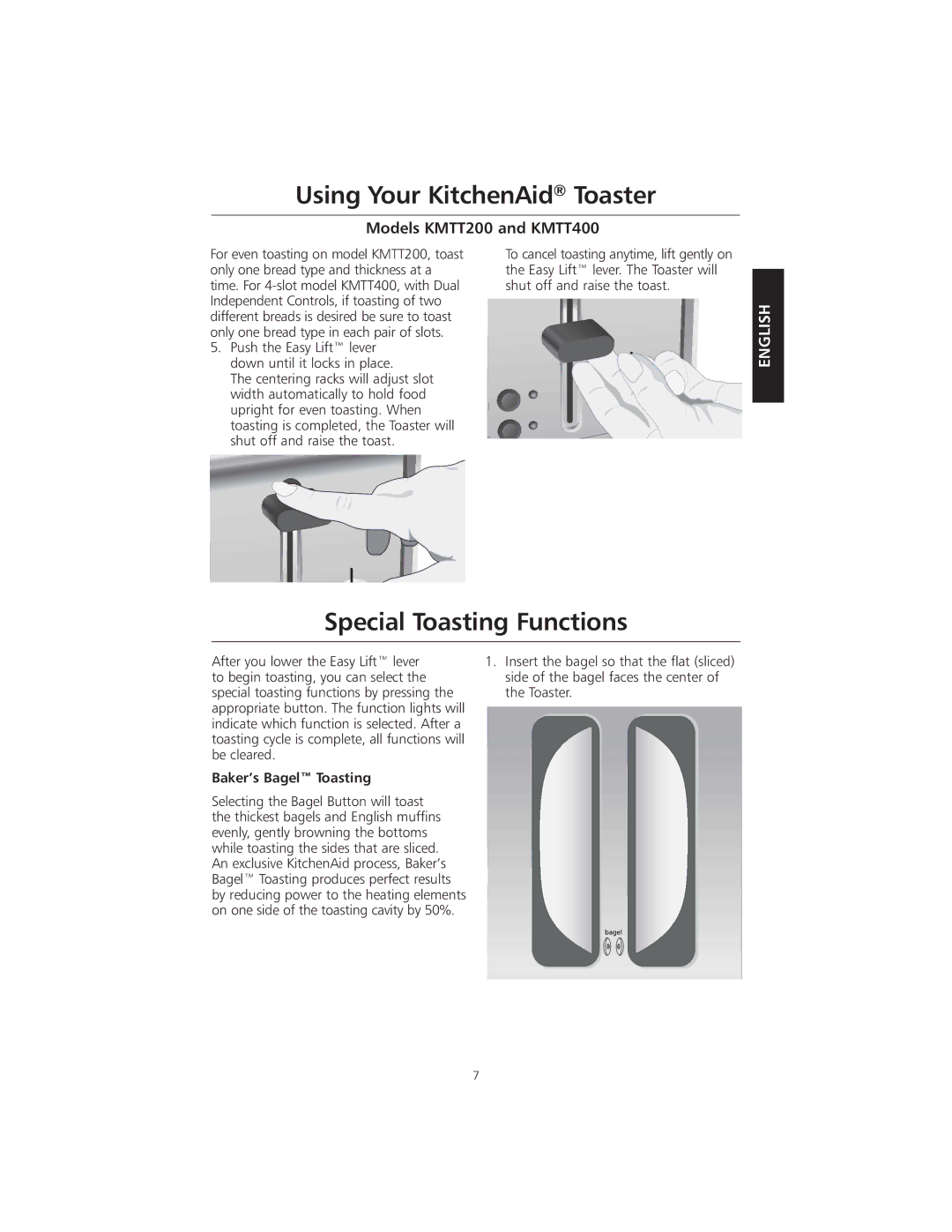 KitchenAid KMTT400 manual Special Toasting Functions, Baker’s Bagel Toasting 