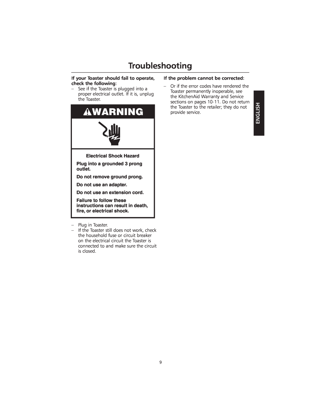 KitchenAid KMTT400 manual Troubleshooting, English, Electrical Shock Hazard, Plug into a grounded 3 prong outlet 