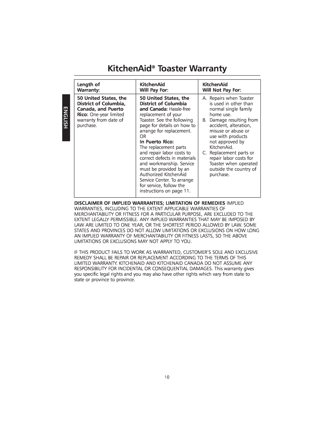 KitchenAid KMTT400 manual KitchenAid Toaster Warranty 