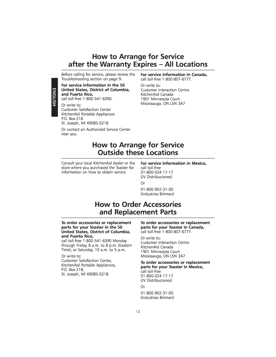 KitchenAid KMTT400 manual How to Arrange for Service, after the Warranty Expires - All Locations, Outside these Locations 