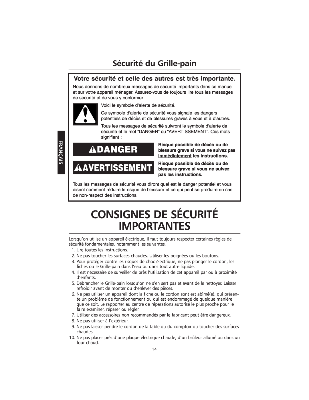 KitchenAid KMTT400 Consignes De Sécurité Importantes, Sécurité du Grille-pain, Risque possible de décès ou de, Français 