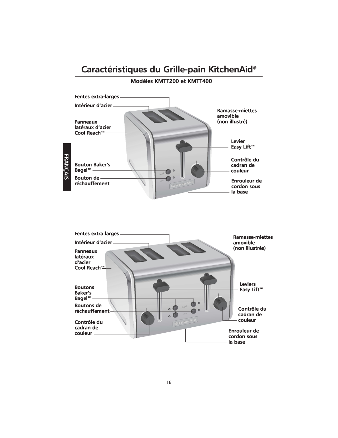 KitchenAid manual Caractéristiques du Grille-painKitchenAid, Modèles KMTT200 et KMTT400, Français 