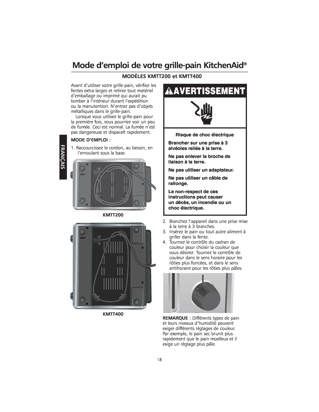 KitchenAid manual Mode d’emploi de votre grille-painKitchenAid, MODÈLES KMTT200 et KMTT400, Avertissement, Français 