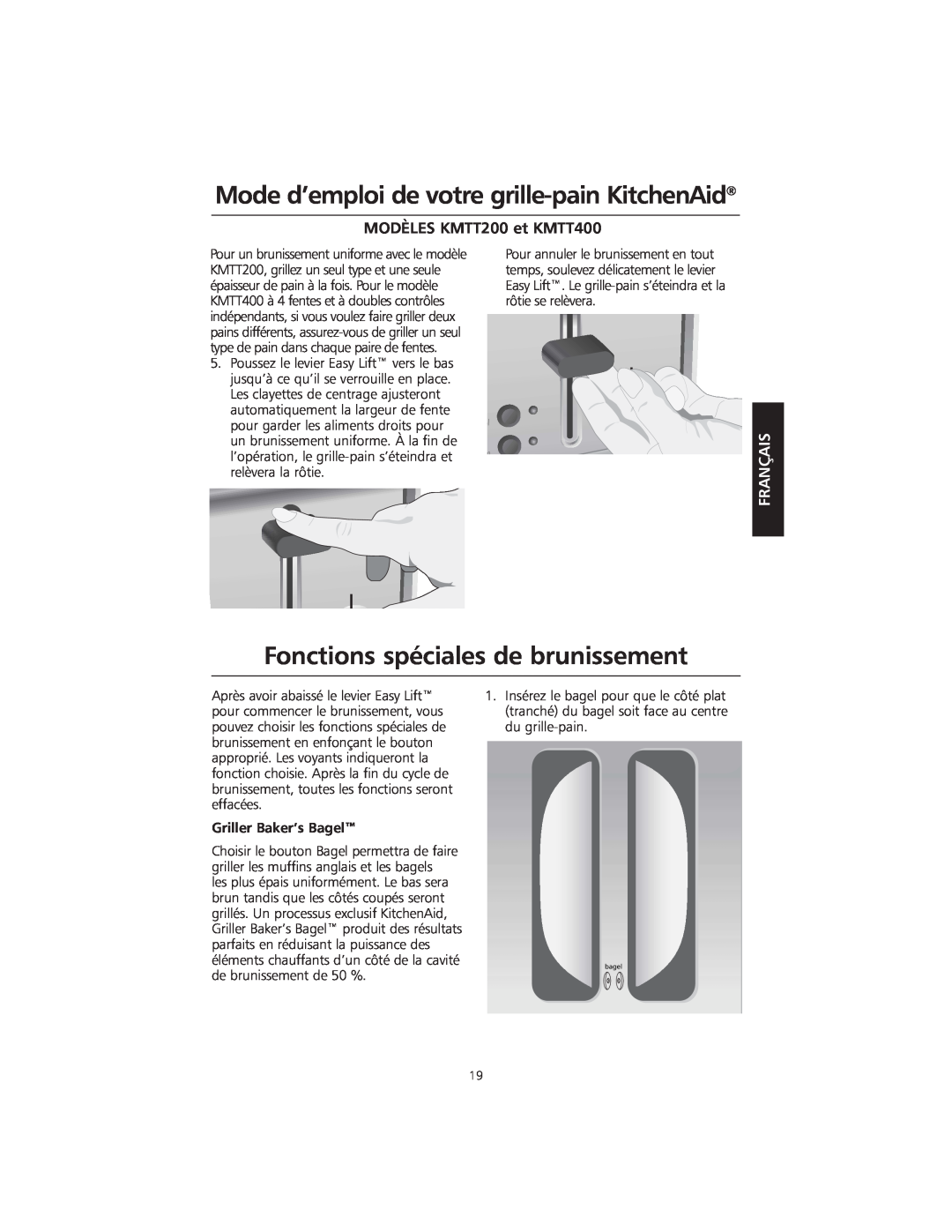 KitchenAid KMTT400 manual Fonctions spéciales de brunissement, Mode d’emploi de votre grille-painKitchenAid, Français 