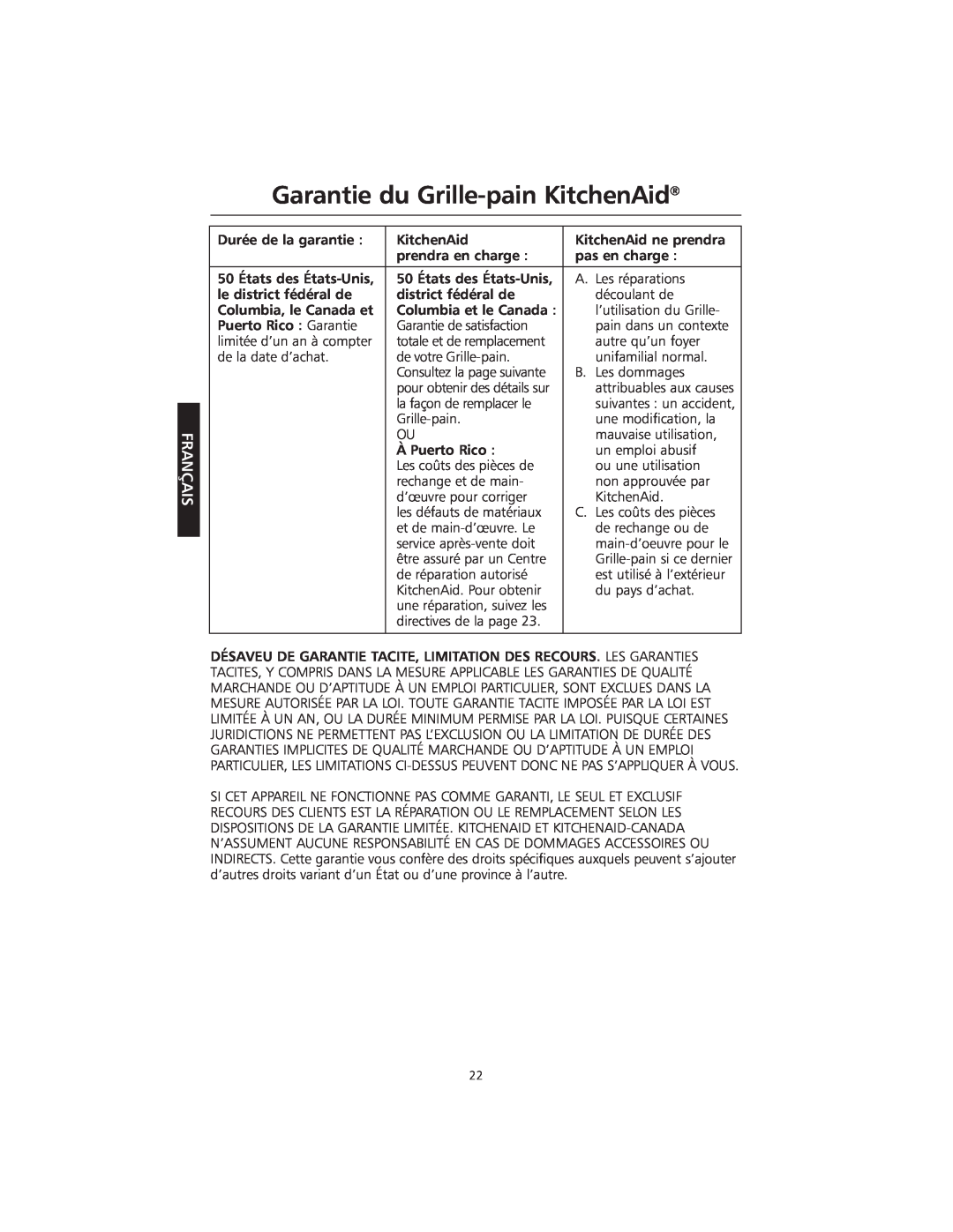 KitchenAid KMTT400 manual Garantie du Grille-painKitchenAid, Français 