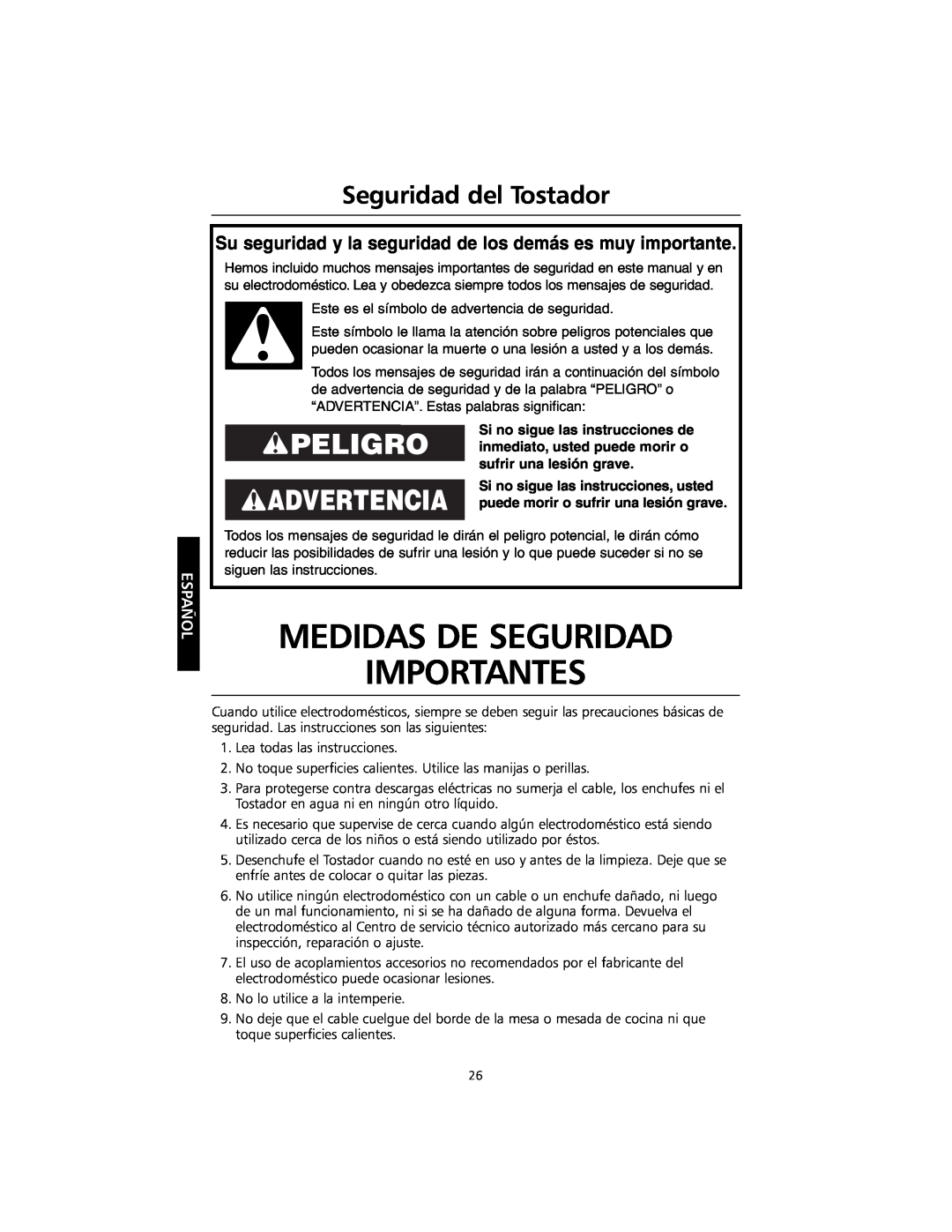 KitchenAid KMTT400 Medidas De Seguridad Importantes, Advertencia, Seguridad del Tostador, Español, sufrir una lesión grave 