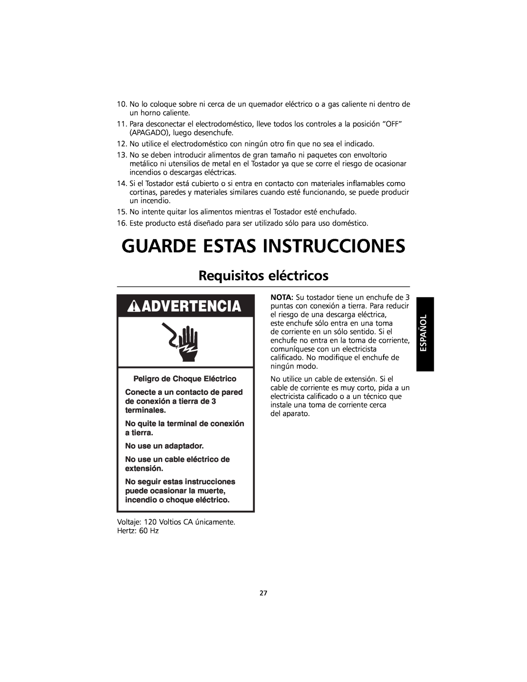KitchenAid KMTT400 Guarde Estas Instrucciones, Requisitos eléctricos, Peligro de Choque Eléctrico, No use un adaptador 