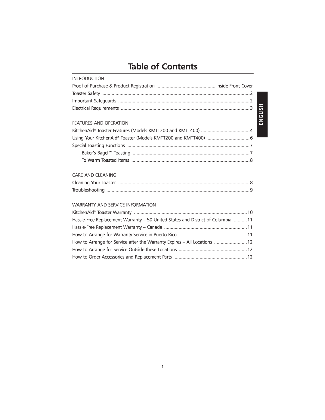 KitchenAid KMTT400 manual Table of Contents, English 