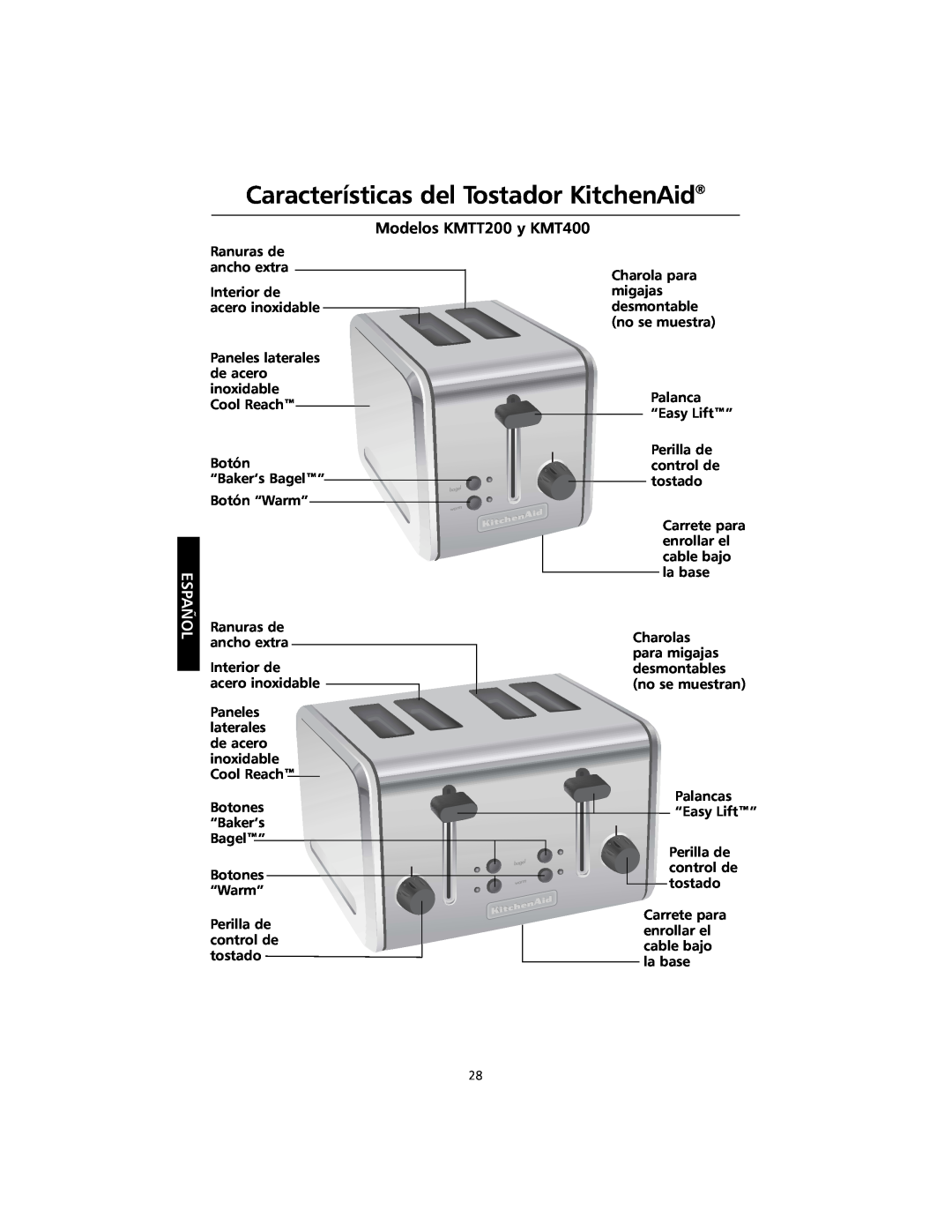 KitchenAid KMTT400 manual Características del Tostador KitchenAid, Modelos KMTT200 y KMT400 