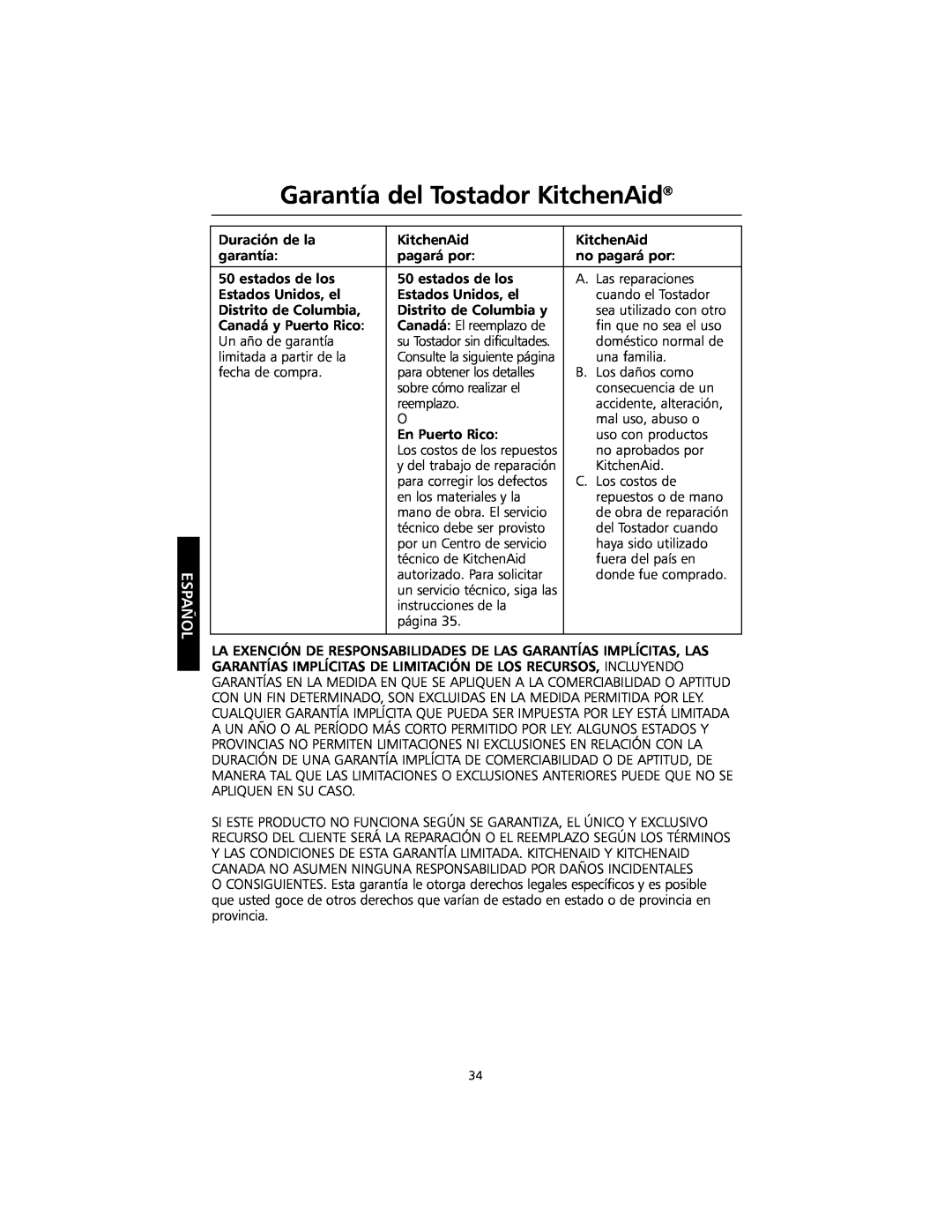 KitchenAid KMTT400 manual Garantía del Tostador KitchenAid 