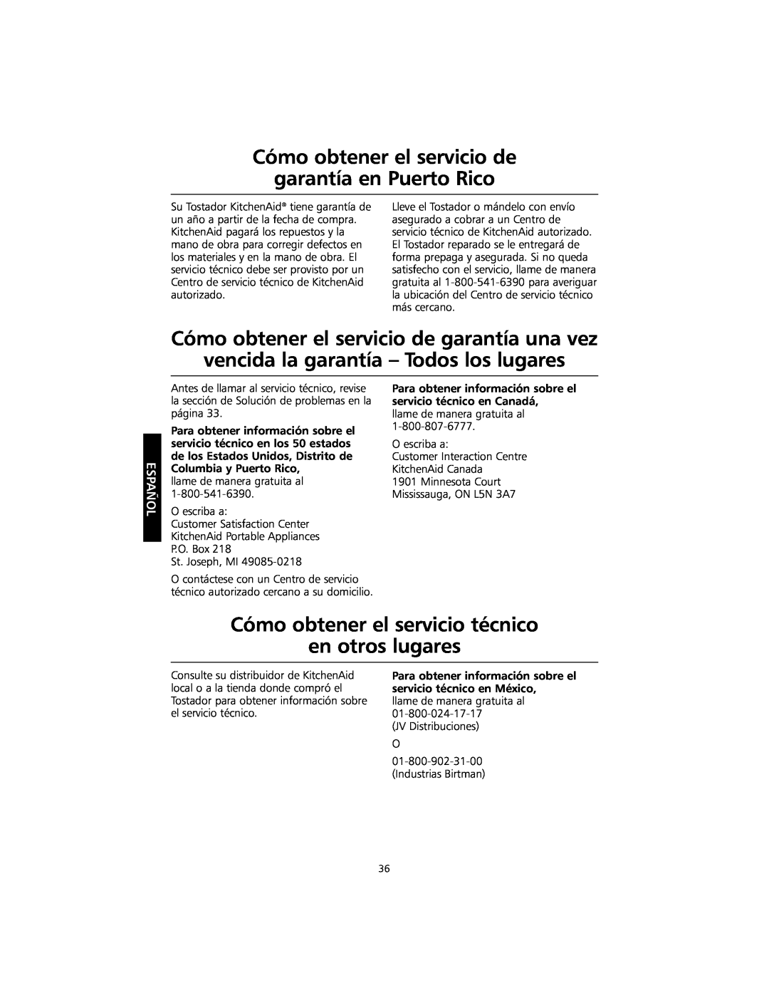 KitchenAid KMTT400 manual garantía en Puerto Rico, Cómo obtener el servicio de garantía una vez, Español 