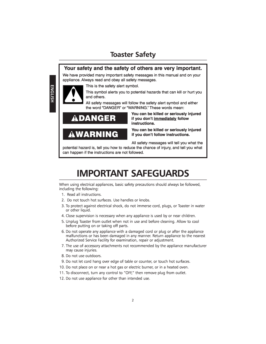 KitchenAid KMTT400 manual Important Safeguards, Toaster Safety, Danger, English 