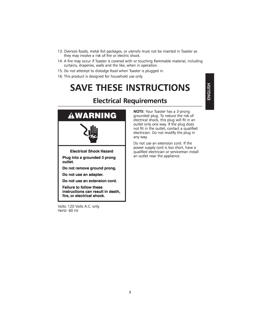 KitchenAid KMTT400 Save These Instructions, Electrical Requirements, Electrical Shock Hazard, Do not use an extension cord 