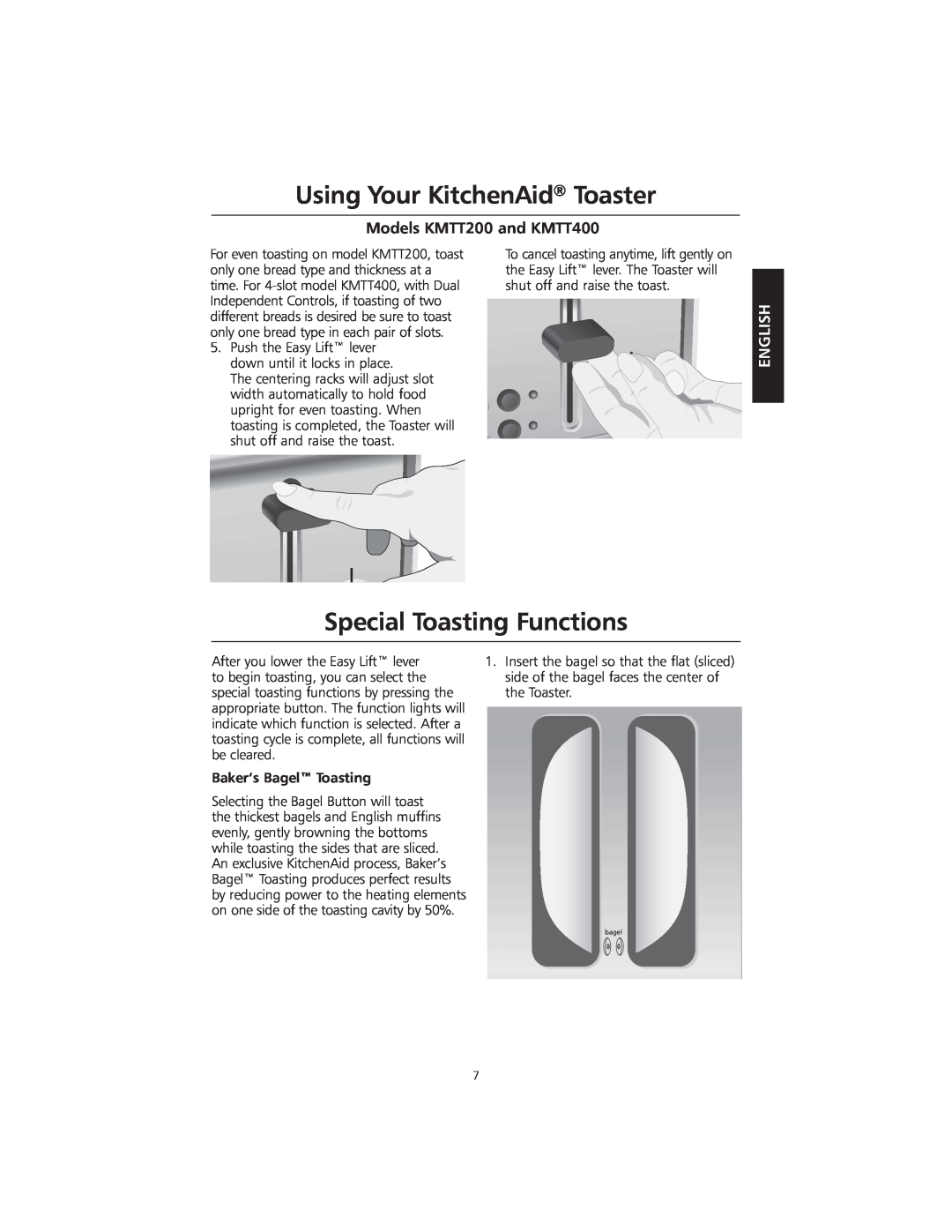 KitchenAid manual Special Toasting Functions, Using Your KitchenAid Toaster, Models KMTT200 and KMTT400, English 