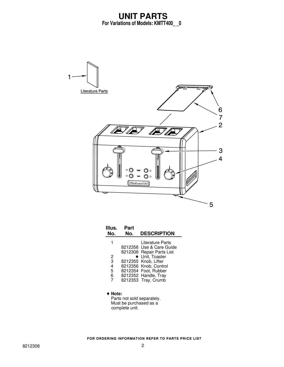 KitchenAid KMTT400GC0, KMTT400ER0, KMTT400OB0 Unit Parts, For Variations of Models KMTT400, Illus. Part No. No. Description 