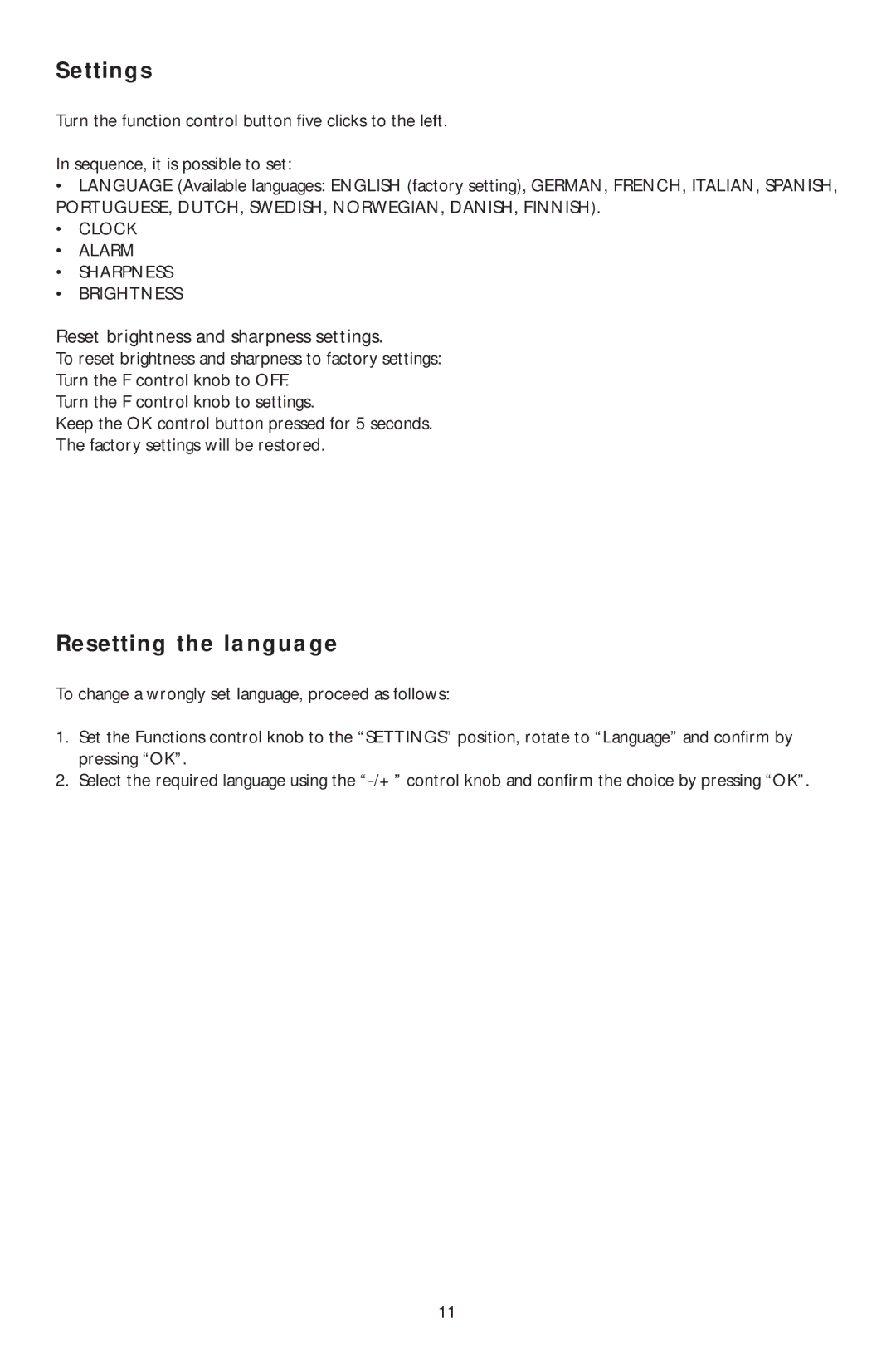 KitchenAid KOMP 6610 manual Settings, Resetting the language, Reset brightness and sharpness settings 