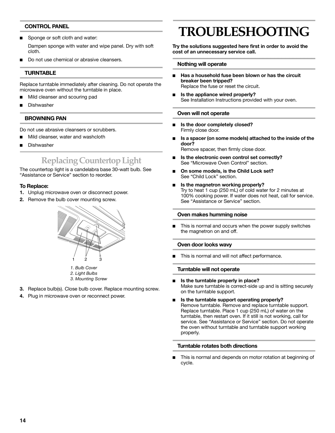 KitchenAid KOMS155M manual Troubleshooting, Replacing Countertop Light 