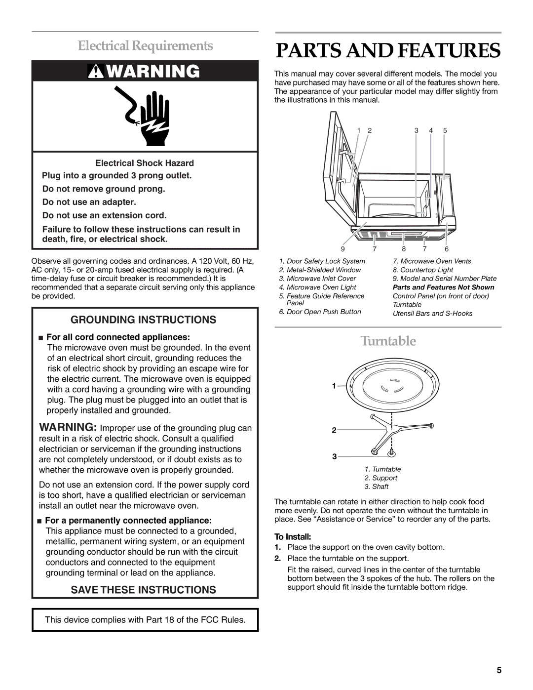 KitchenAid KOMS155M manual Parts and Features, Electrical Requirements, Turntable, To Install 