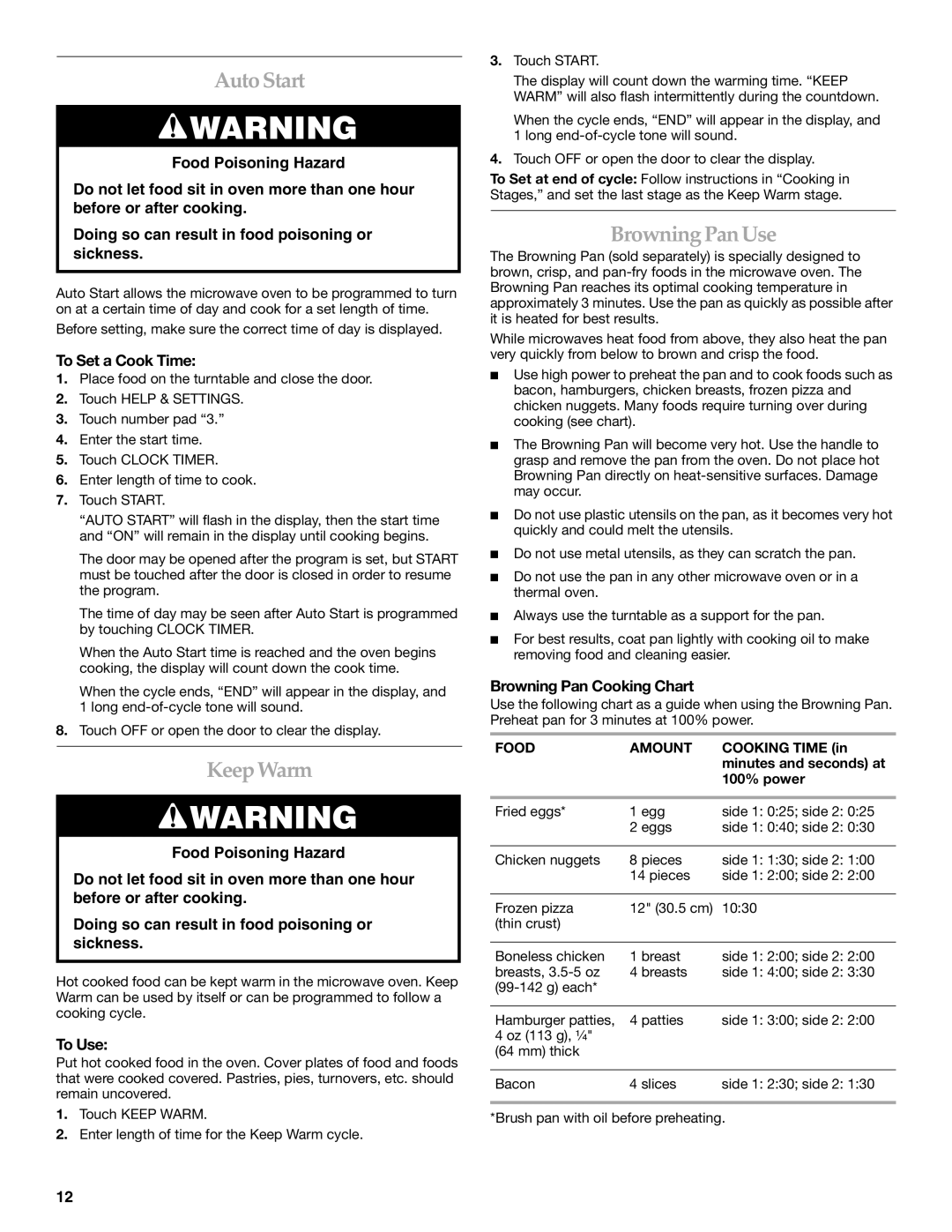 KitchenAid KOMV1554R manual Auto Start, Keep Warm, BrowningPan Use, To Set a Cook Time, Browning Pan Cooking Chart 