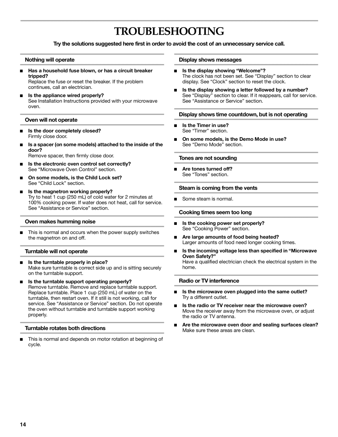 KitchenAid KOMV1554R manual Troubleshooting 