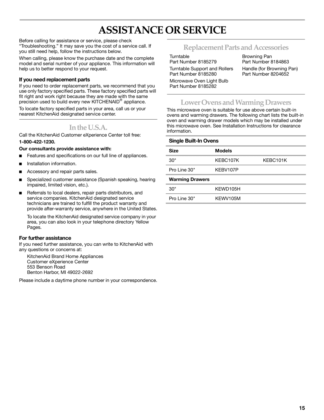 KitchenAid KOMV1554R manual Assistance or Service, U.S.A, Replacement Partsand Accessories, Lower Ovens and Warming Drawers 