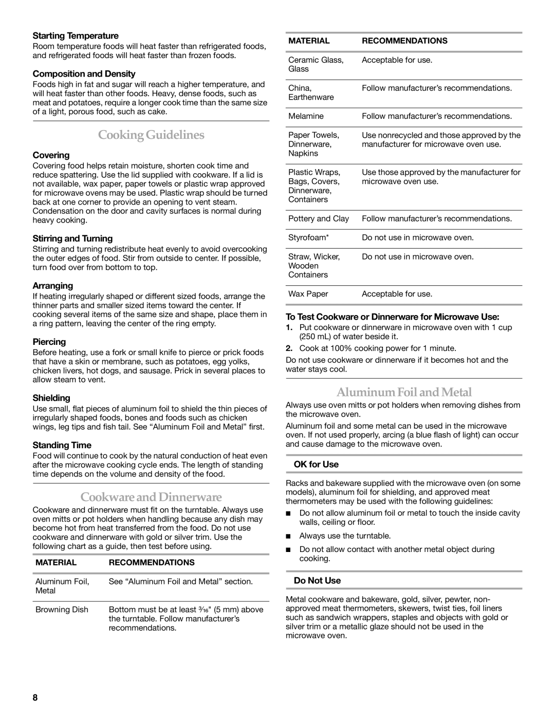 KitchenAid KOMV1554R manual Cooking Guidelines, Cookware and Dinnerware, Aluminum Foil and Metal 