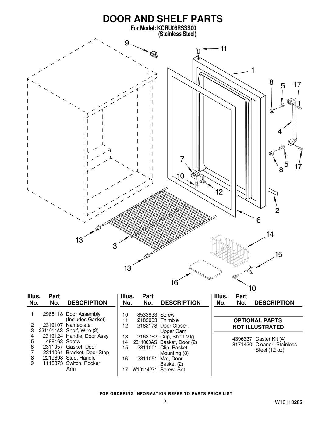 KitchenAid manual Door and Shelf Parts, For Model KORU06RSSS00 Stainless Steel 